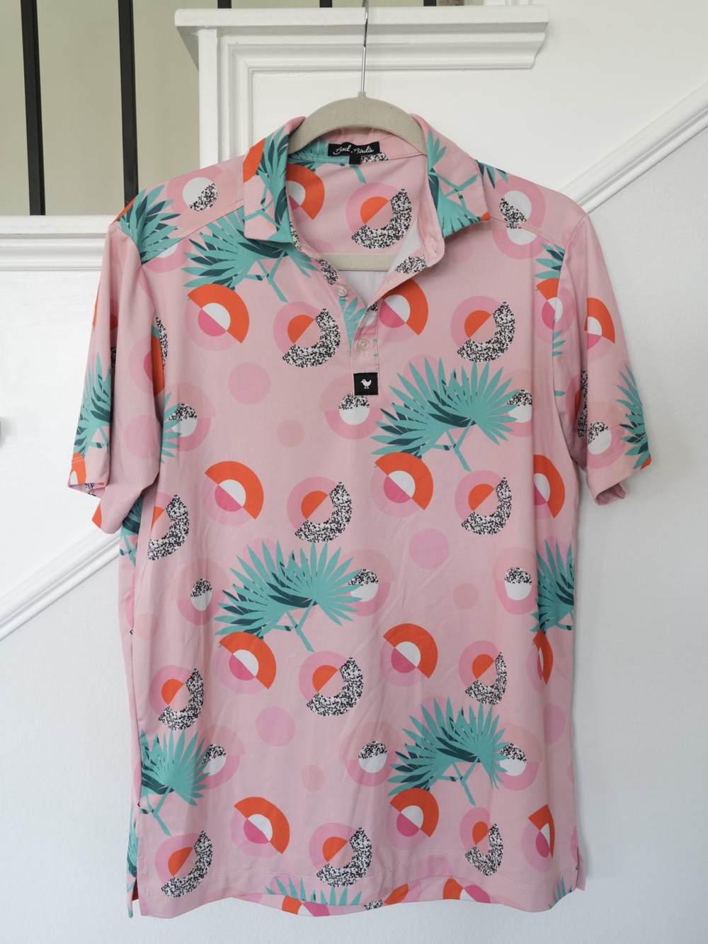 Bad Birdie Pink Tropical Golf Polo Shirt Men’s Small Retro Print